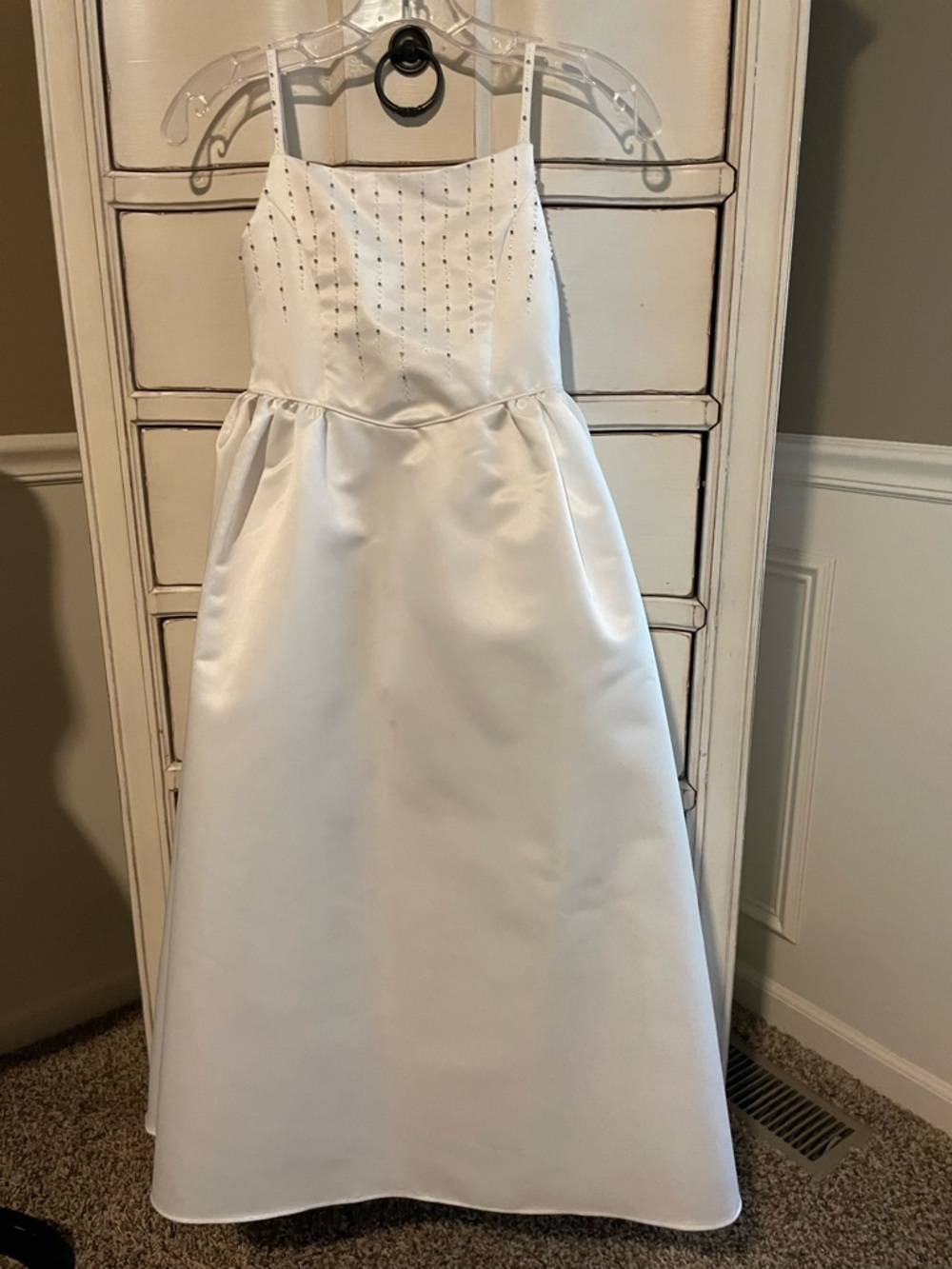 Vintage Little Miss White Satin Spaghetti-Strap Formal Dress